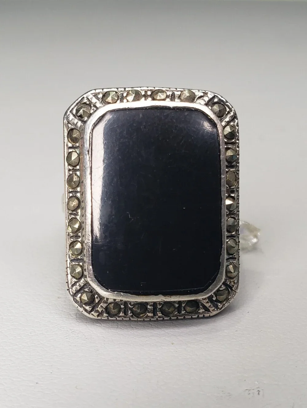 925 Black Onyx Rectangular Silver Accent Ring